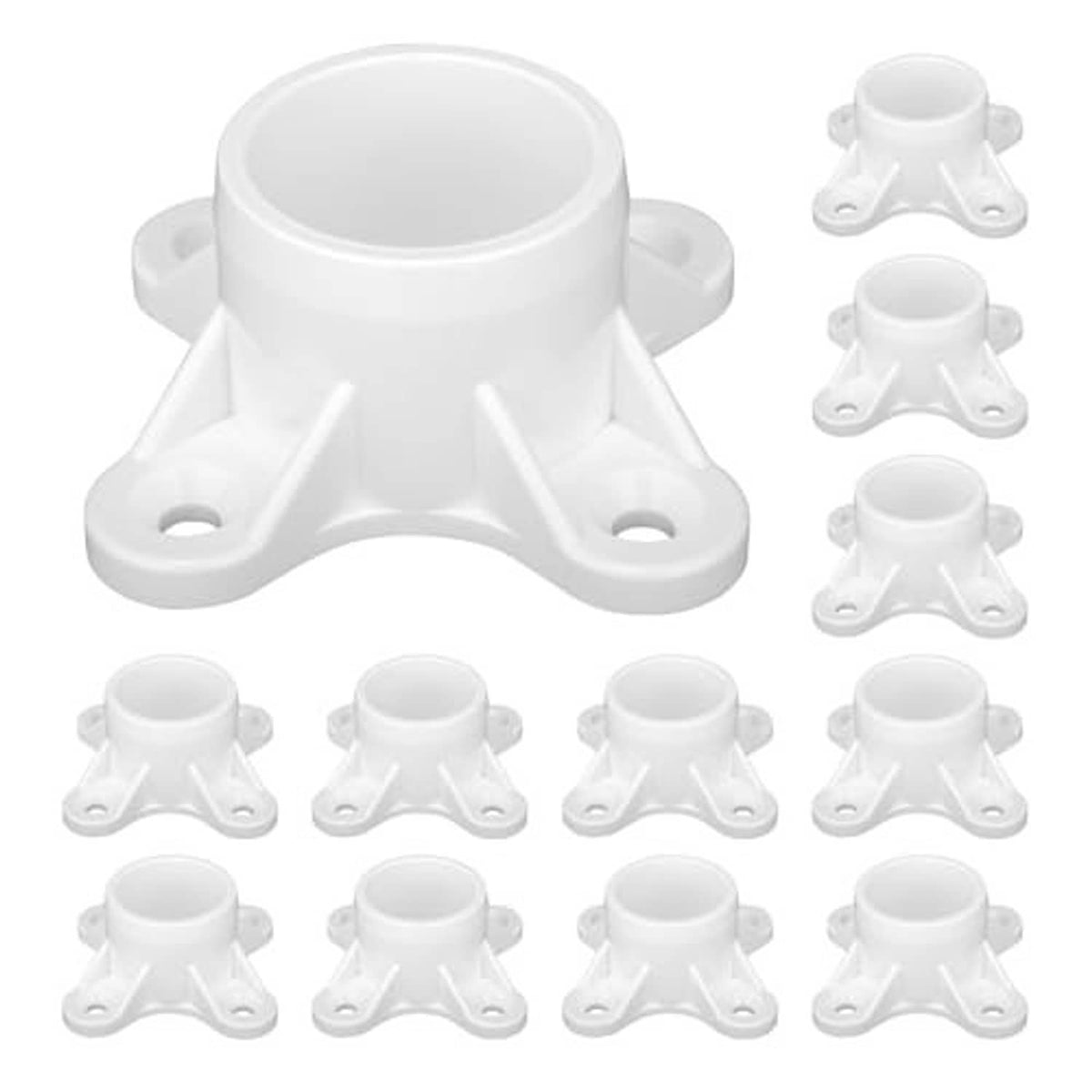 1-inch white PVC pipe flange fitting set, one large base and smaller matching caps