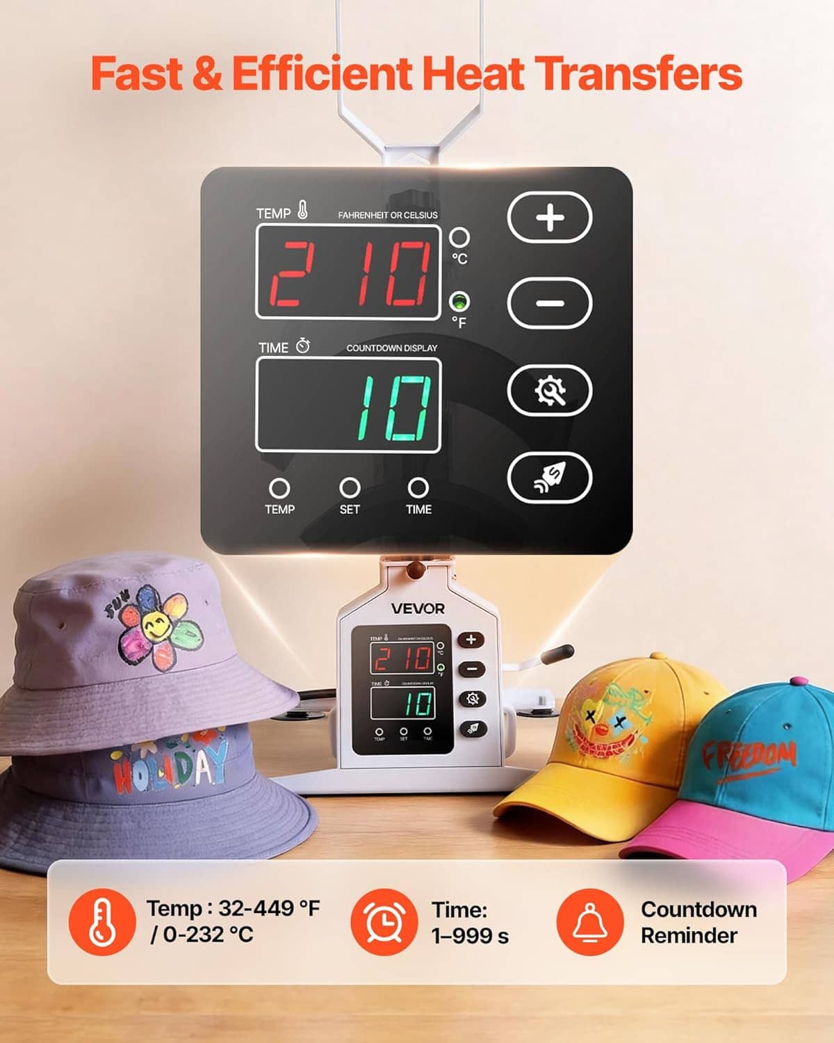 Digital control panel of hat heat press machine with printed caps in front