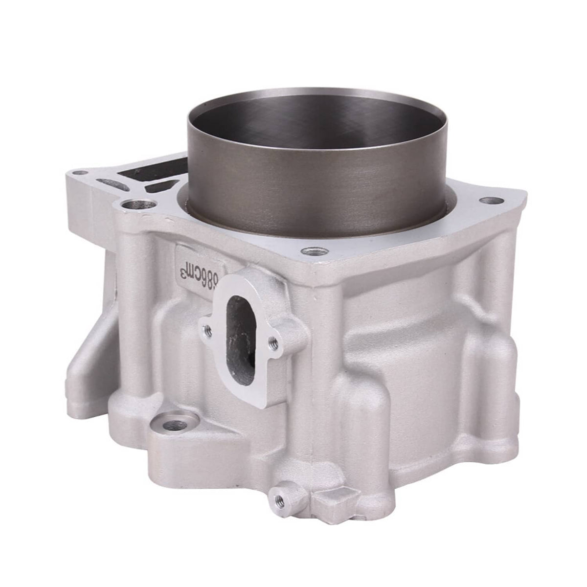 Engine cylinder block with cylinder bore and side mounting bracket, silver aluminum