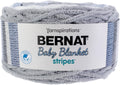 Baby blanket in gray and light blue dappled yarn with striped design, super bulky