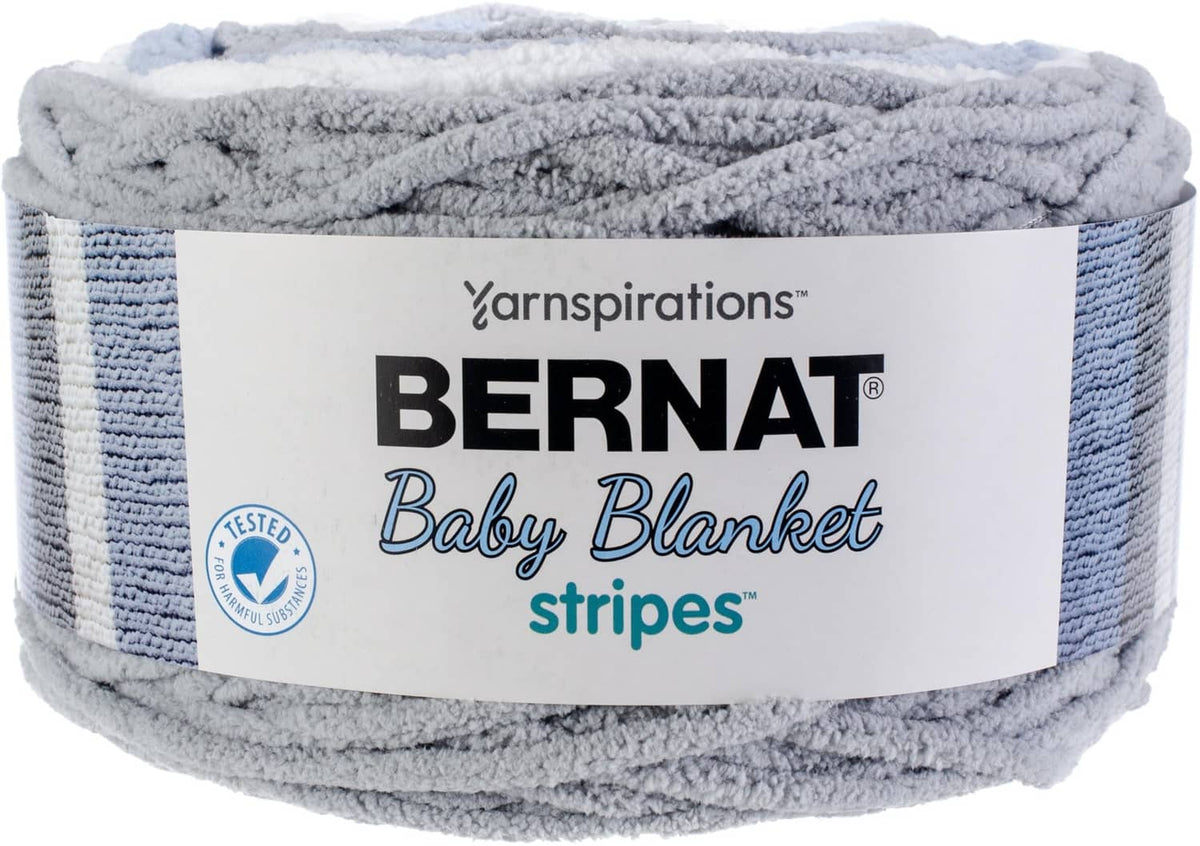 Baby blanket in gray and light blue dappled yarn with striped design, super bulky