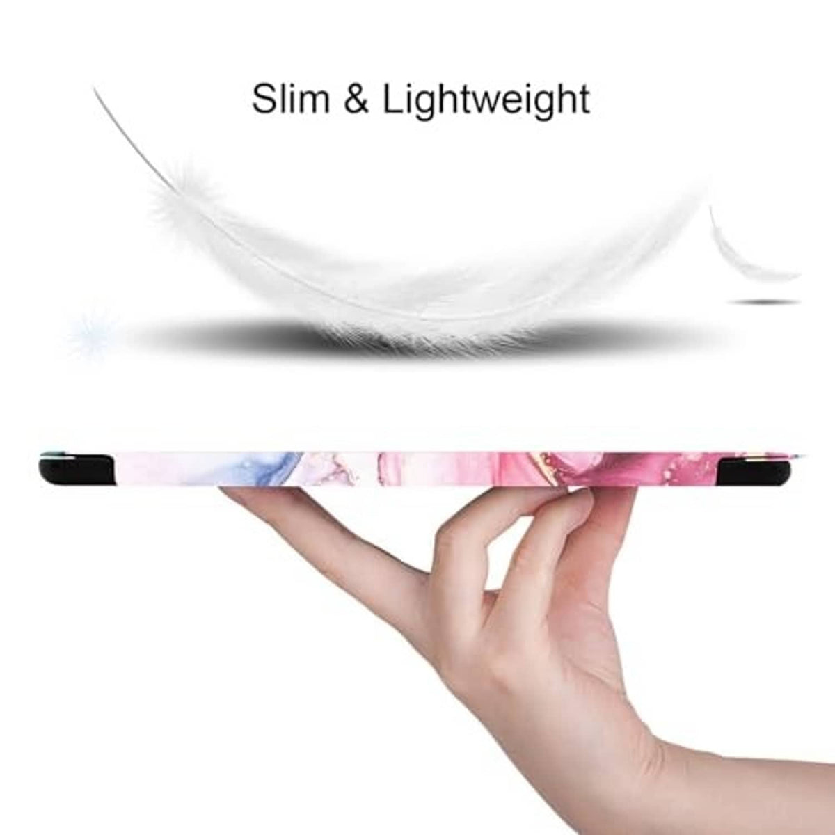 Pink marble slim tablet case with thin profile and secure edge cutouts