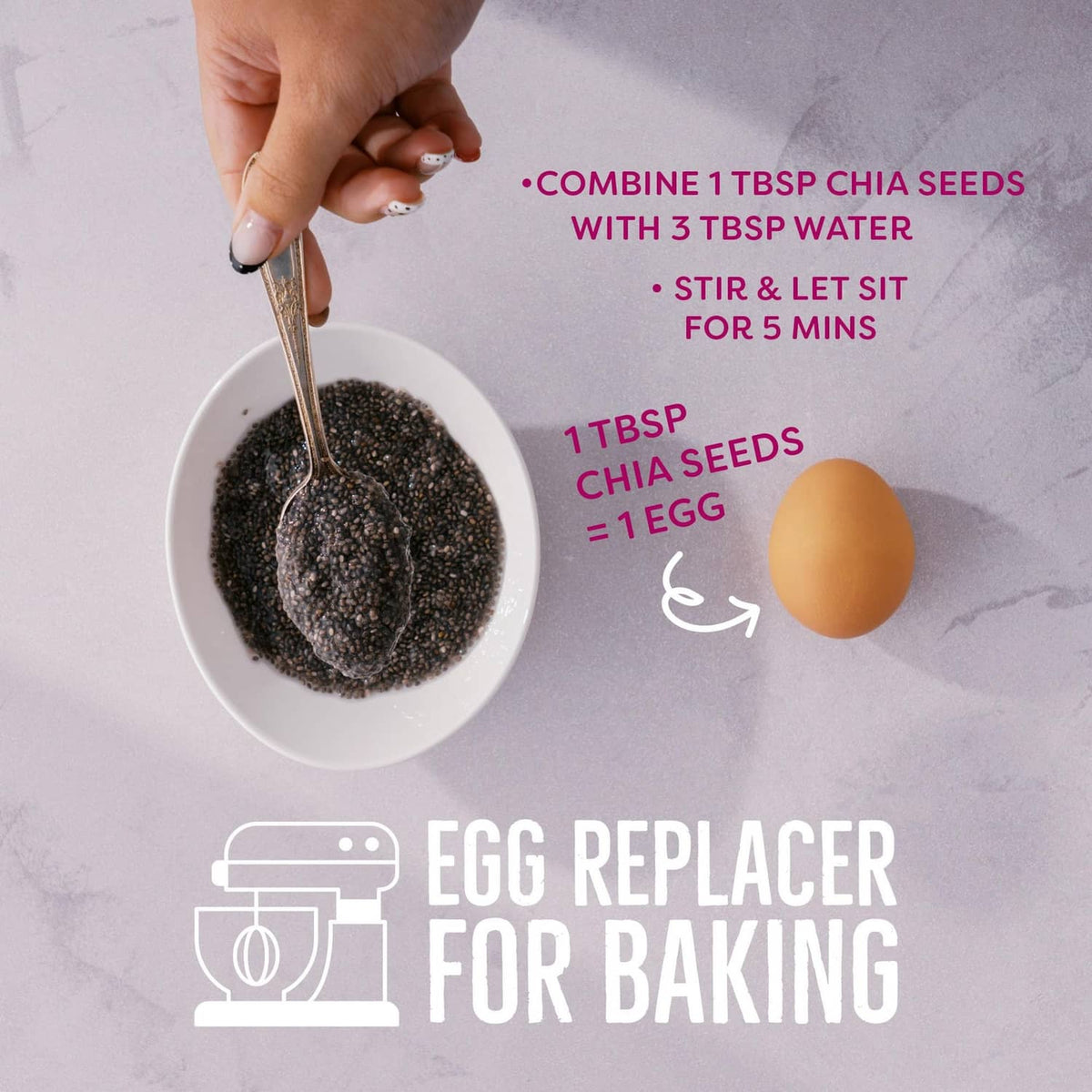 Chia seeds in bowl with spoon, suggesting egg replacer for baking