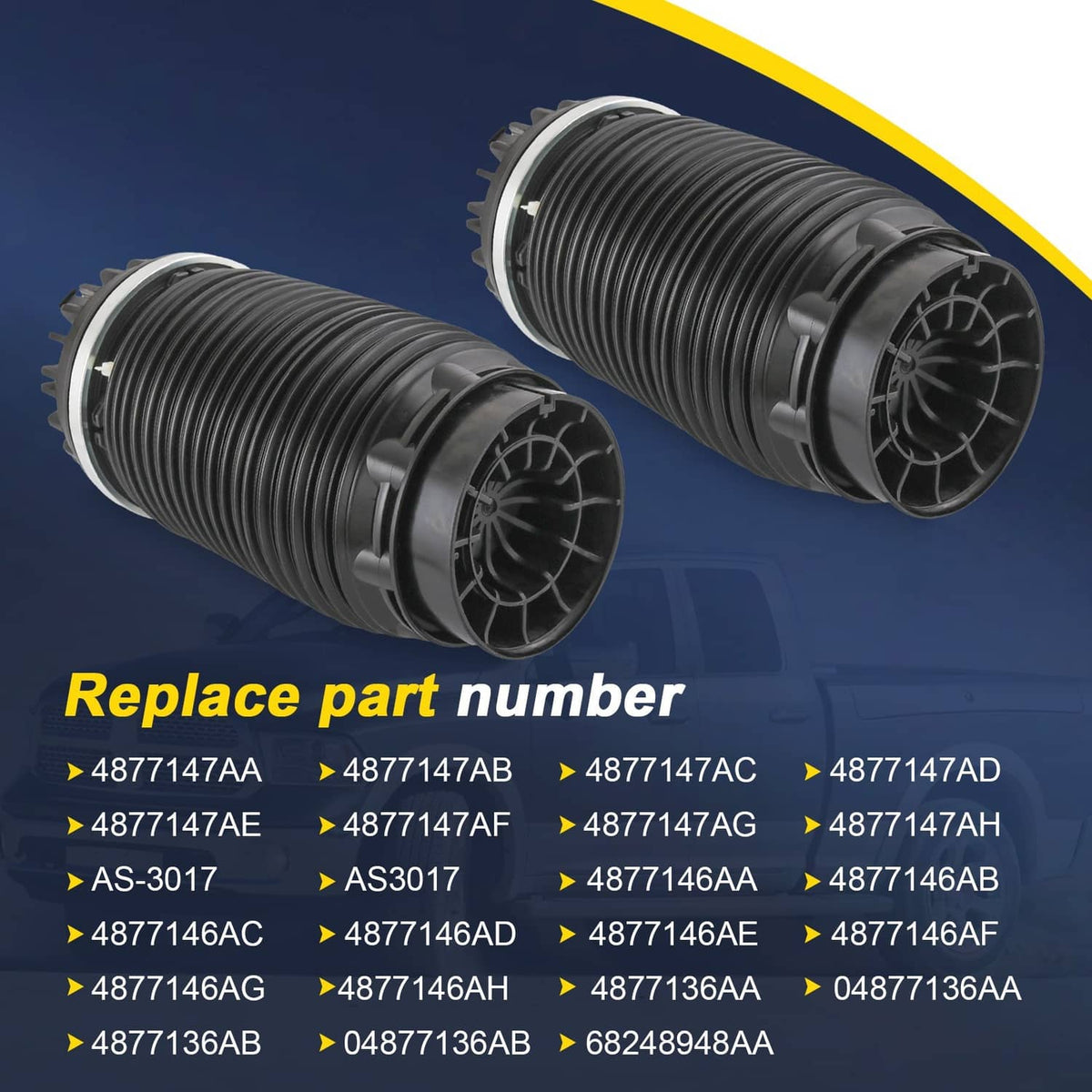 Air suspension strut sleeves, close-up of black coiled bellows with mounting end housings