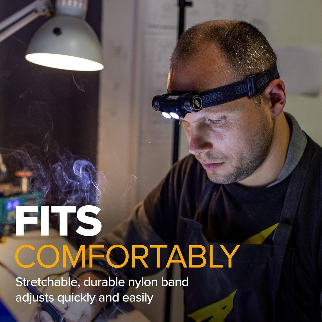 Rechargeable headlamp on forehead with stretchable nylon band and dual LEDs