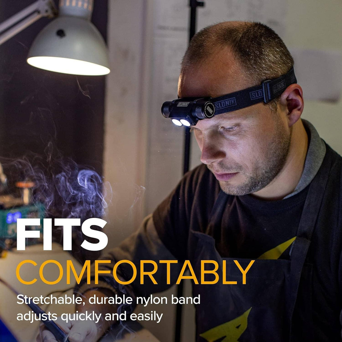 Rechargeable headlamp on forehead with stretchable nylon band and dual LEDs