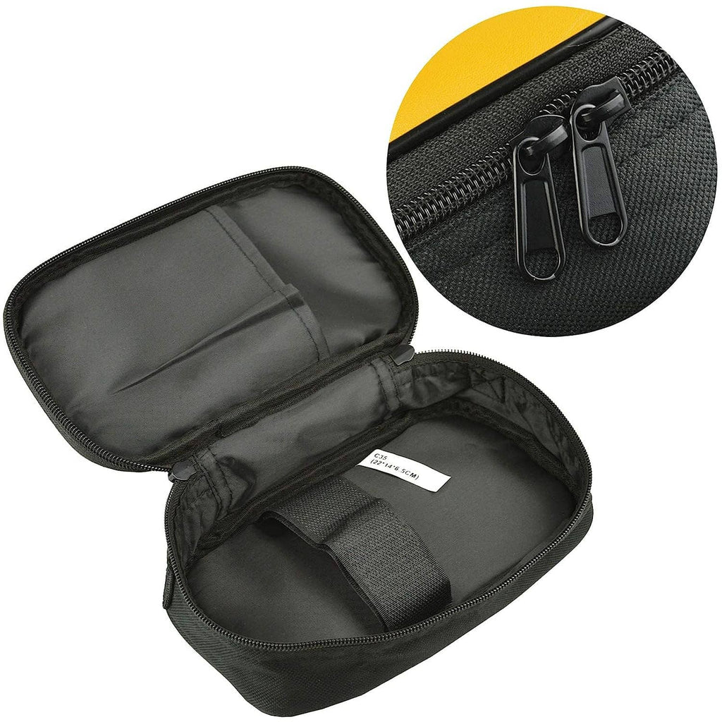 Multimeter soft case open, showing padded interior slots and black zipper track.