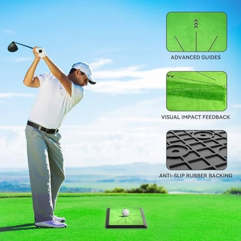 Green golf hitting mat with advanced guide icons and anti-slip rubber backing