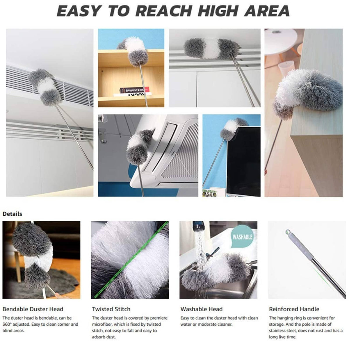 Microfiber duster with rounded brush head on an extendable pole for high dusting