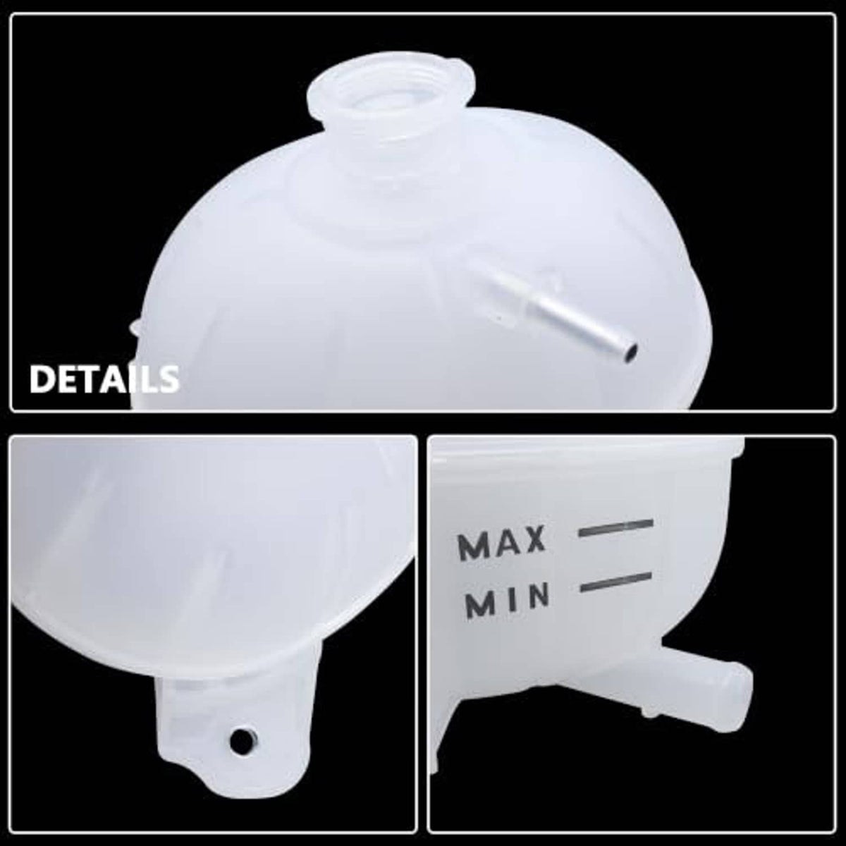 White coolant reservoir overflow tank with black cap, hose outlet and MAX/MIN level marks