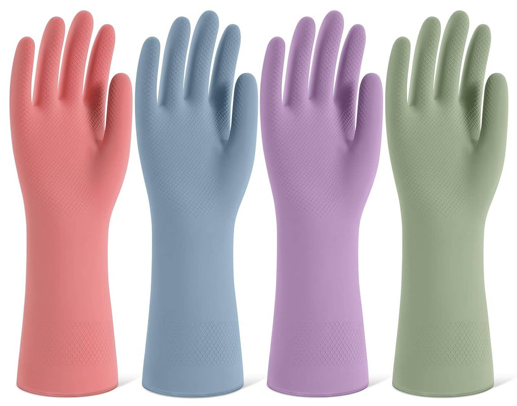 Set of reusable rubber dishwashing gloves, four colors: pink, blue, purple, green