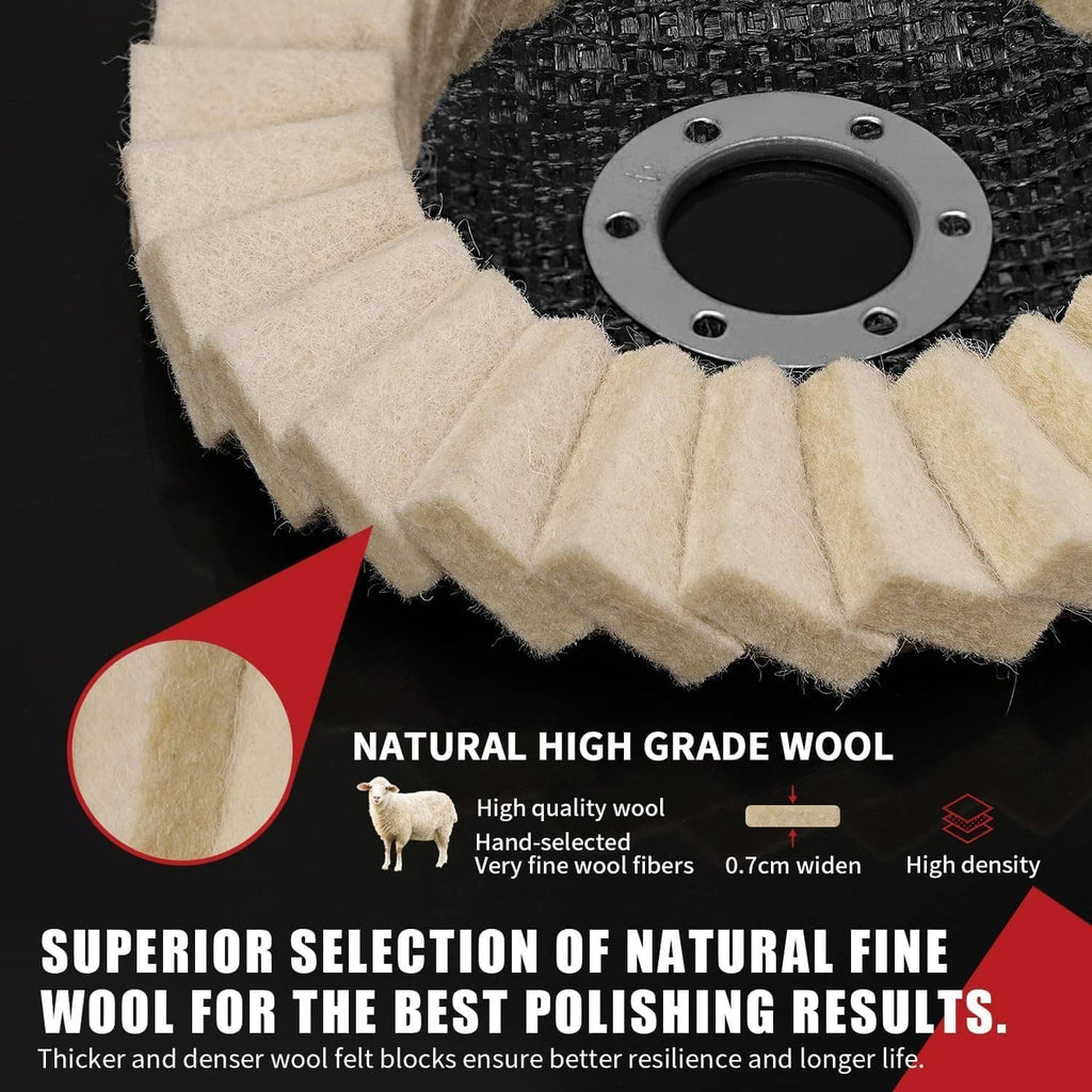 Beige wool flap polishing disc with gray metal mounting hub and visible bolt holes
