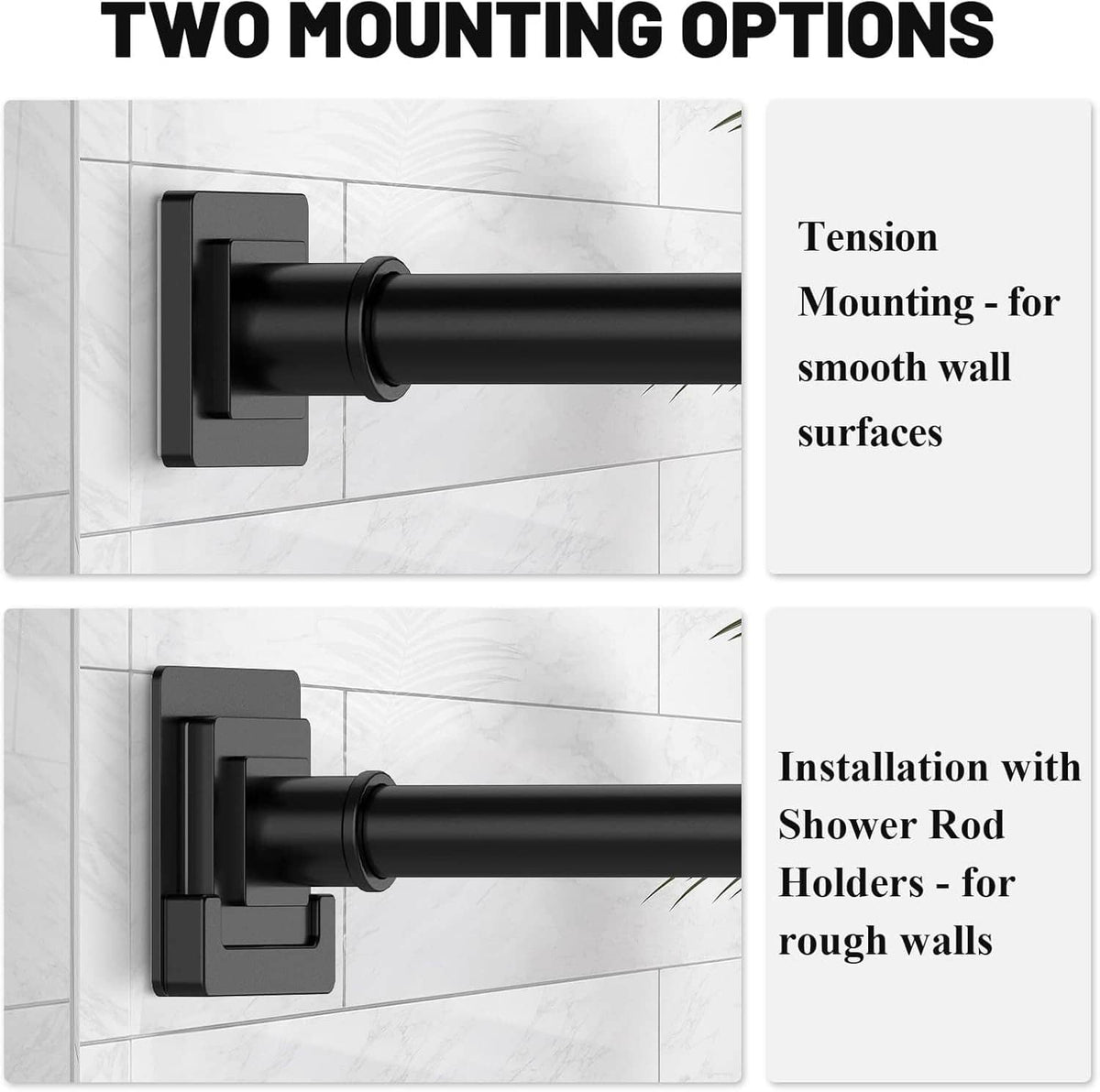 Matte black shower rod with mounting brackets shown for smooth and rough wall surfaces