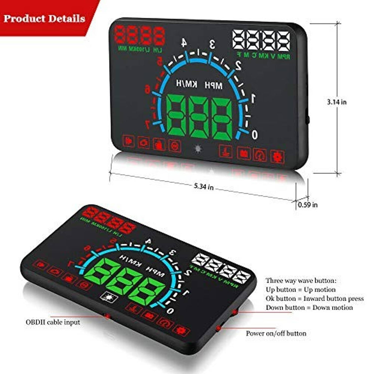 Car HUD speed display with green digital readout, button row, and OBDII cable input