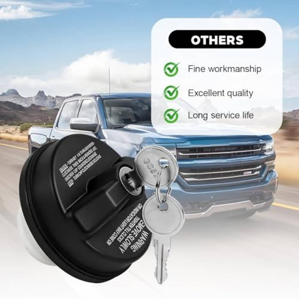 Black locking gas cap with silver lock cylinder and two keys