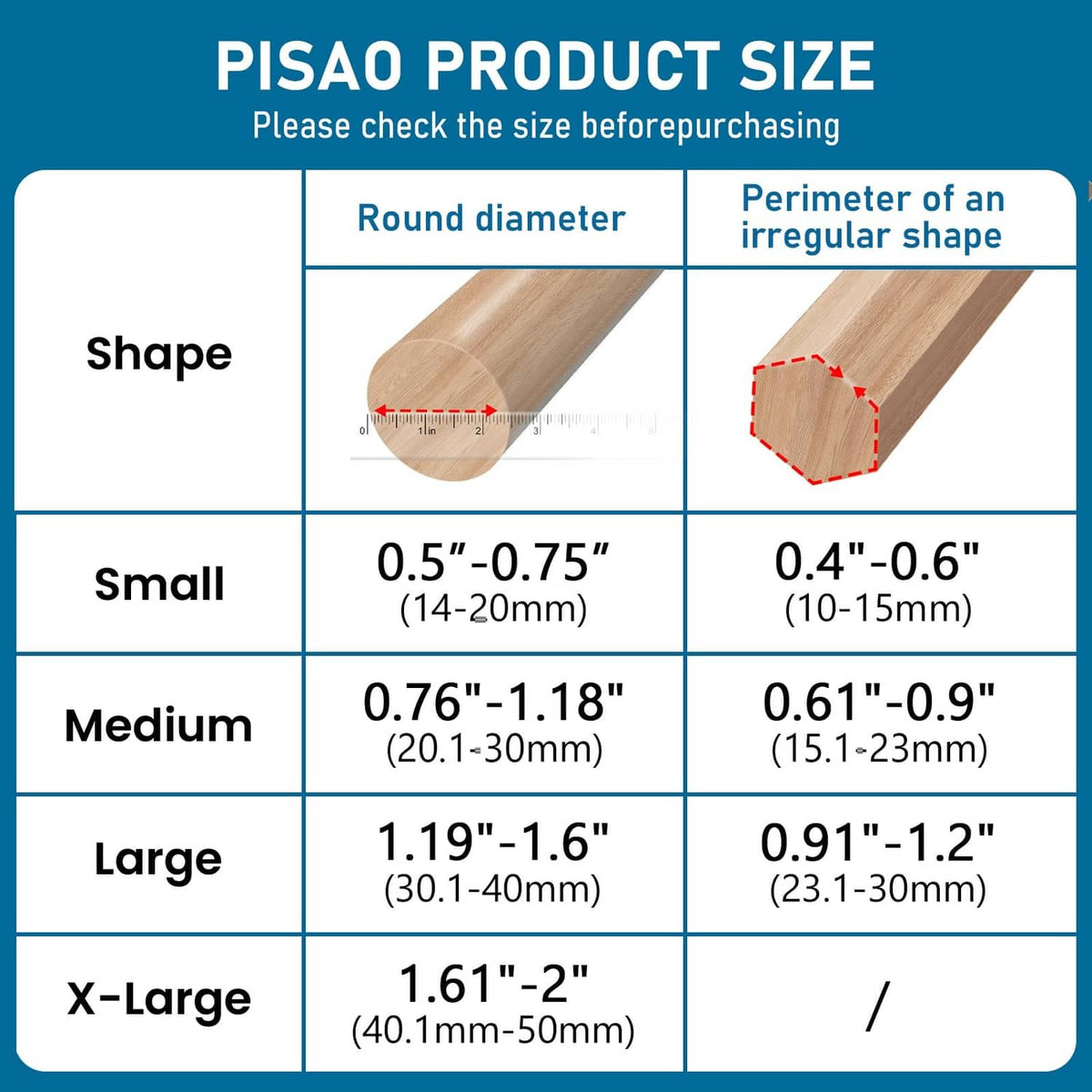 X-large round furniture leg protector size chart with small, medium, large ranges