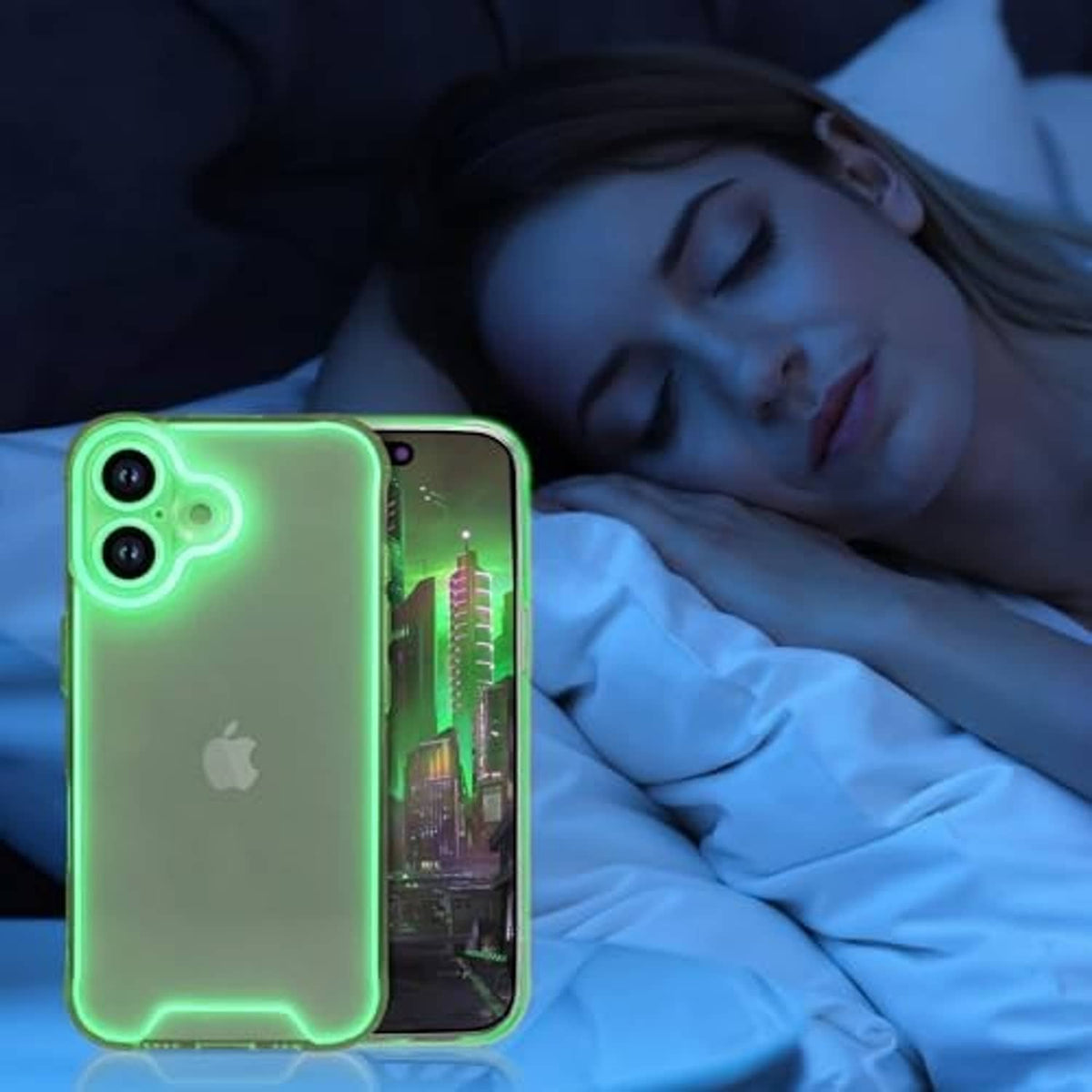 Green clear phone case with glowing outline resting beside a phone on a bed.