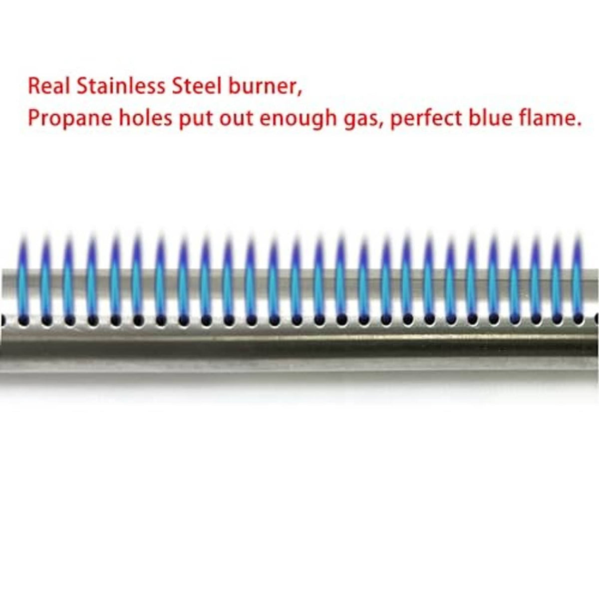 Close-up stainless steel burner with row of propane holes along the tube