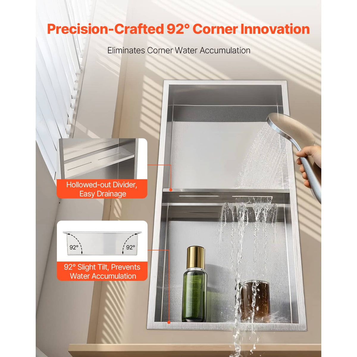 Stainless steel 92-degree corner recessed shower niche shelf with open top and divider