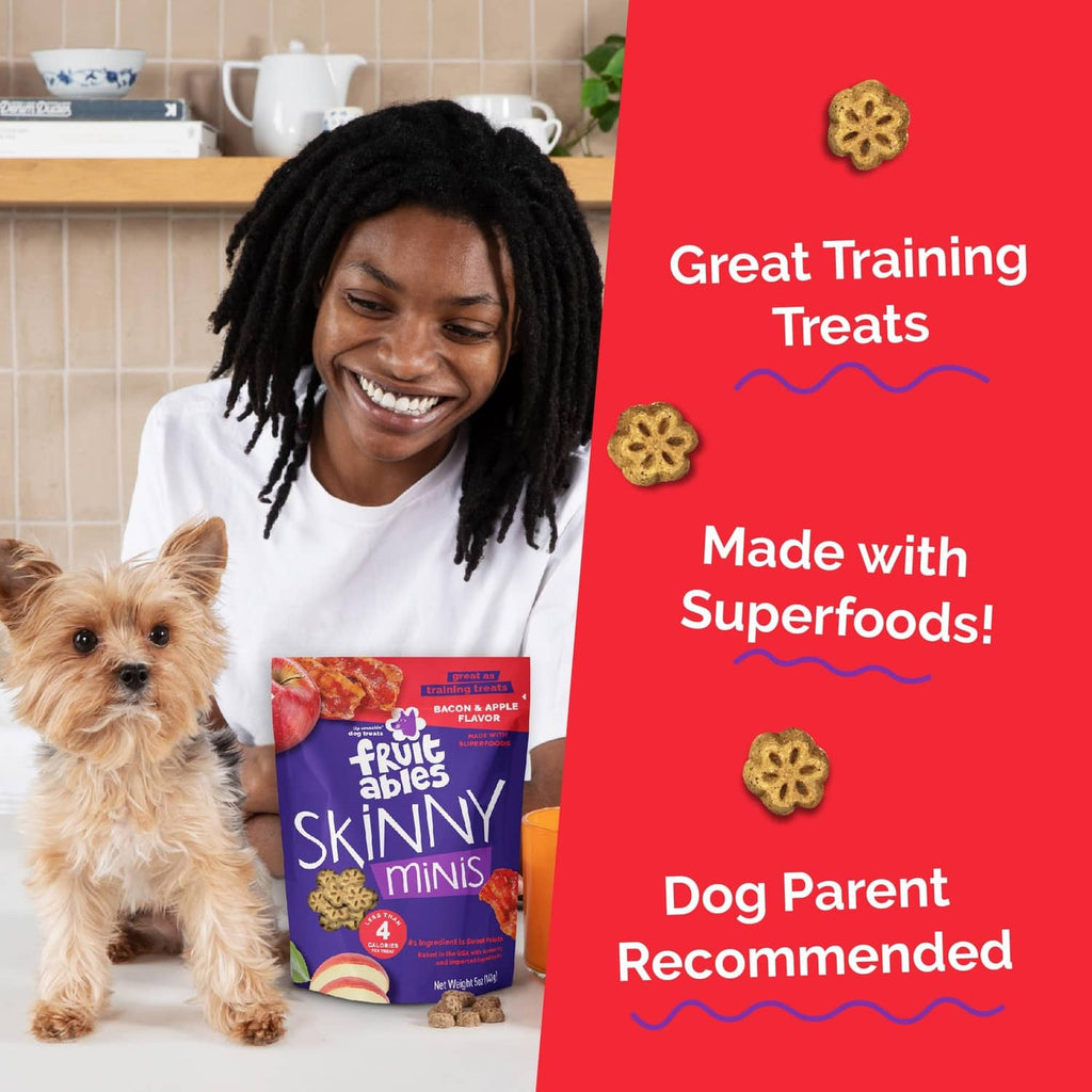 Fruitables Skinny minis dog treat bag beside a small Yorkshire terrier