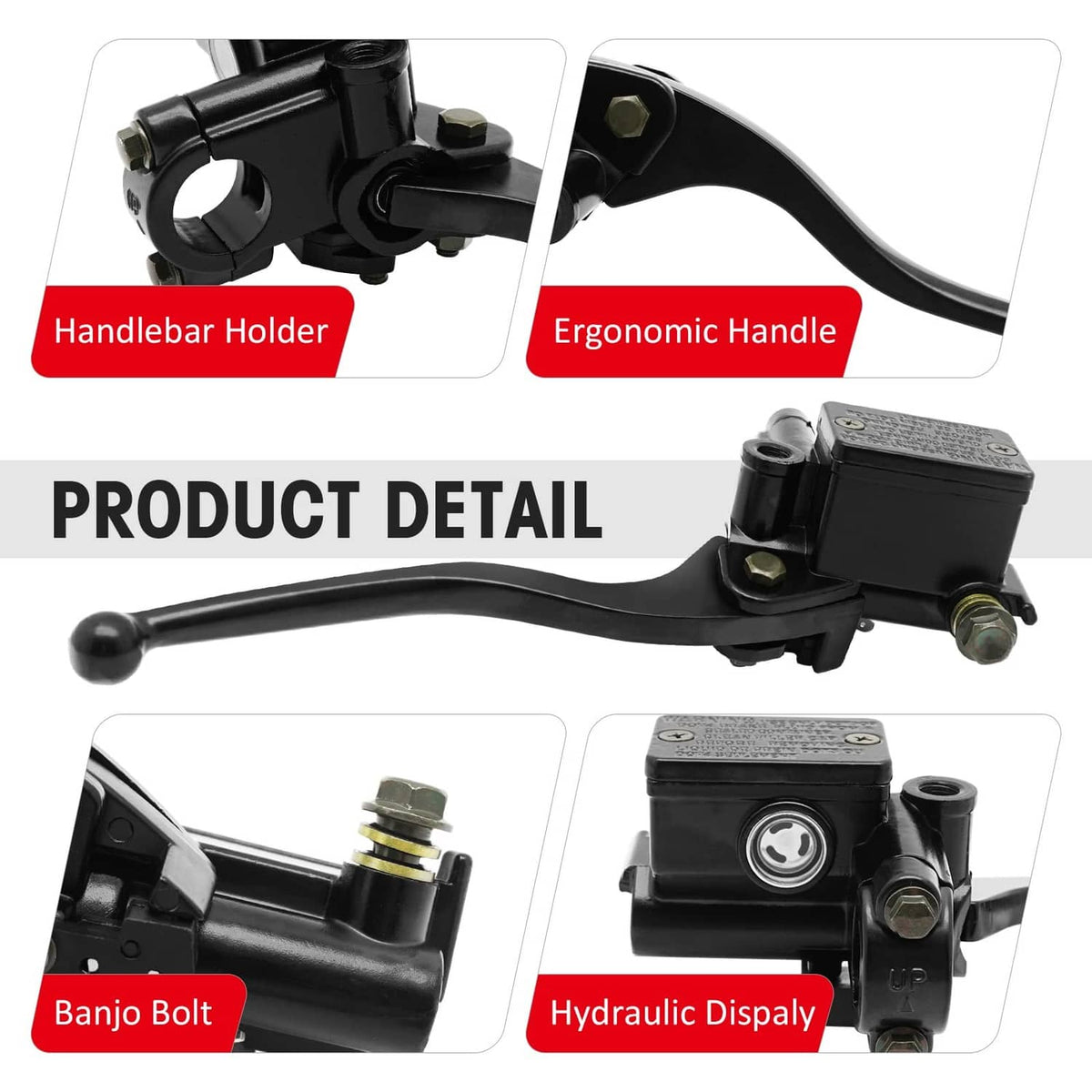 Front brake master cylinder with ergonomic lever, banjo bolt, and hydraulic display detail