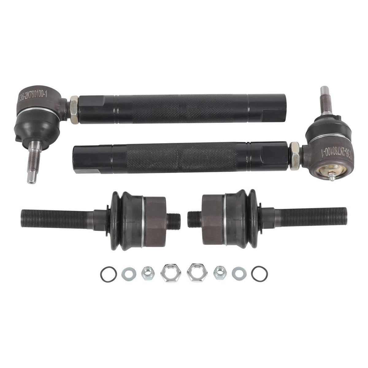 Complete tie rod end kit with two black links, ball ends, studs, and mounting nuts