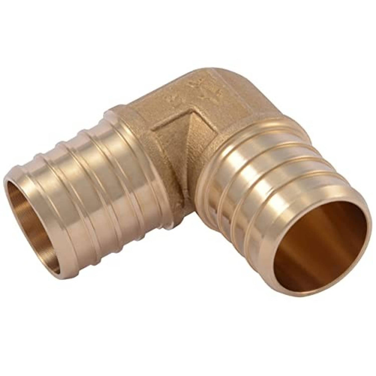 Brass 90-degree PEX crimp elbow connector with ribbed rings on both fitting ends