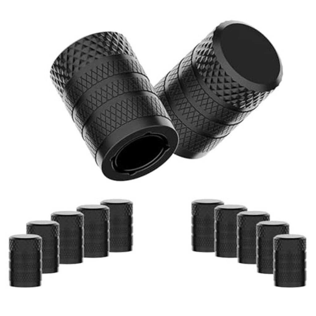 Black tire valve stem caps set, textured cylindrical design with open valve opening