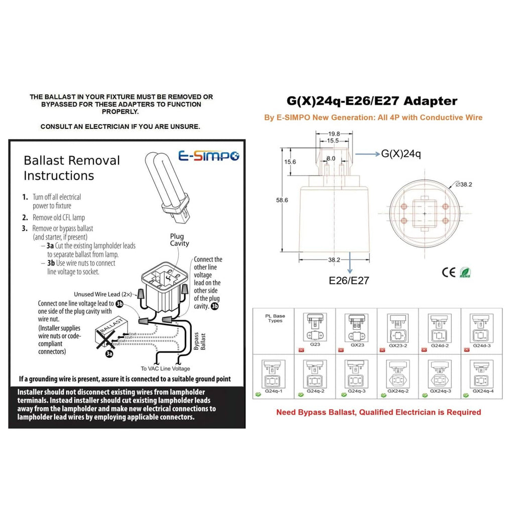 GX24Q to E26/E27 adapter instructions with dimensions and wiring guidance