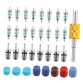 33-piece car AC valve core kit with metal valve stems, colored caps, and amber insertion tool