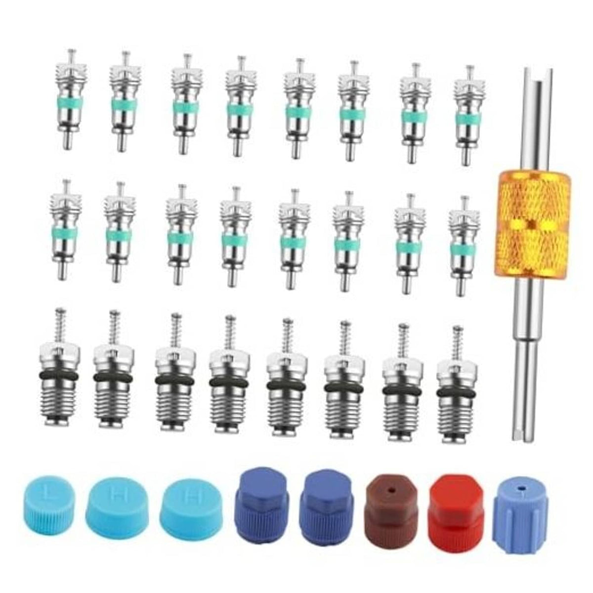 33-piece car AC valve core kit with metal valve stems, colored caps, and amber insertion tool