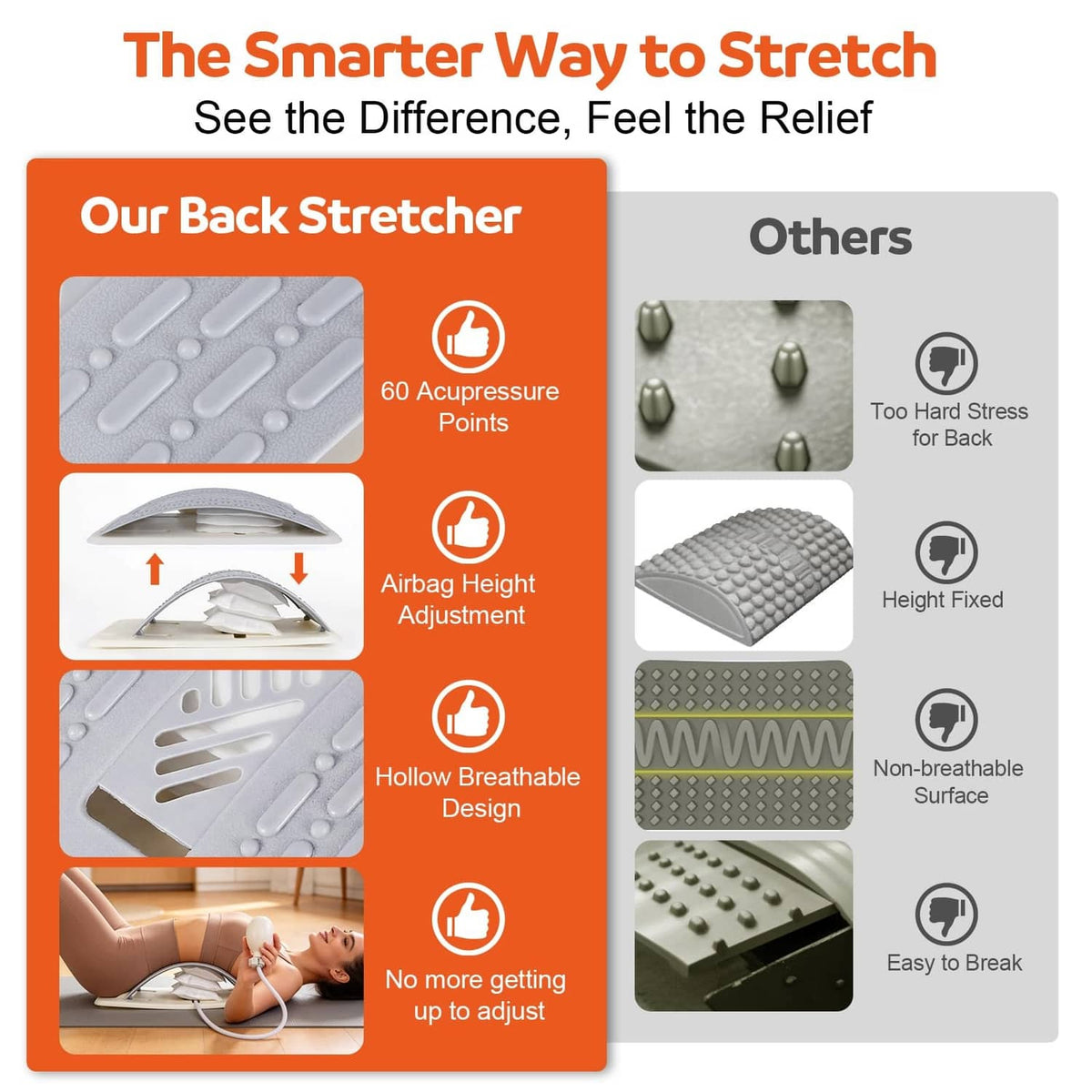 Inflatable back stretcher product box showing airbag height adjustment and massage points