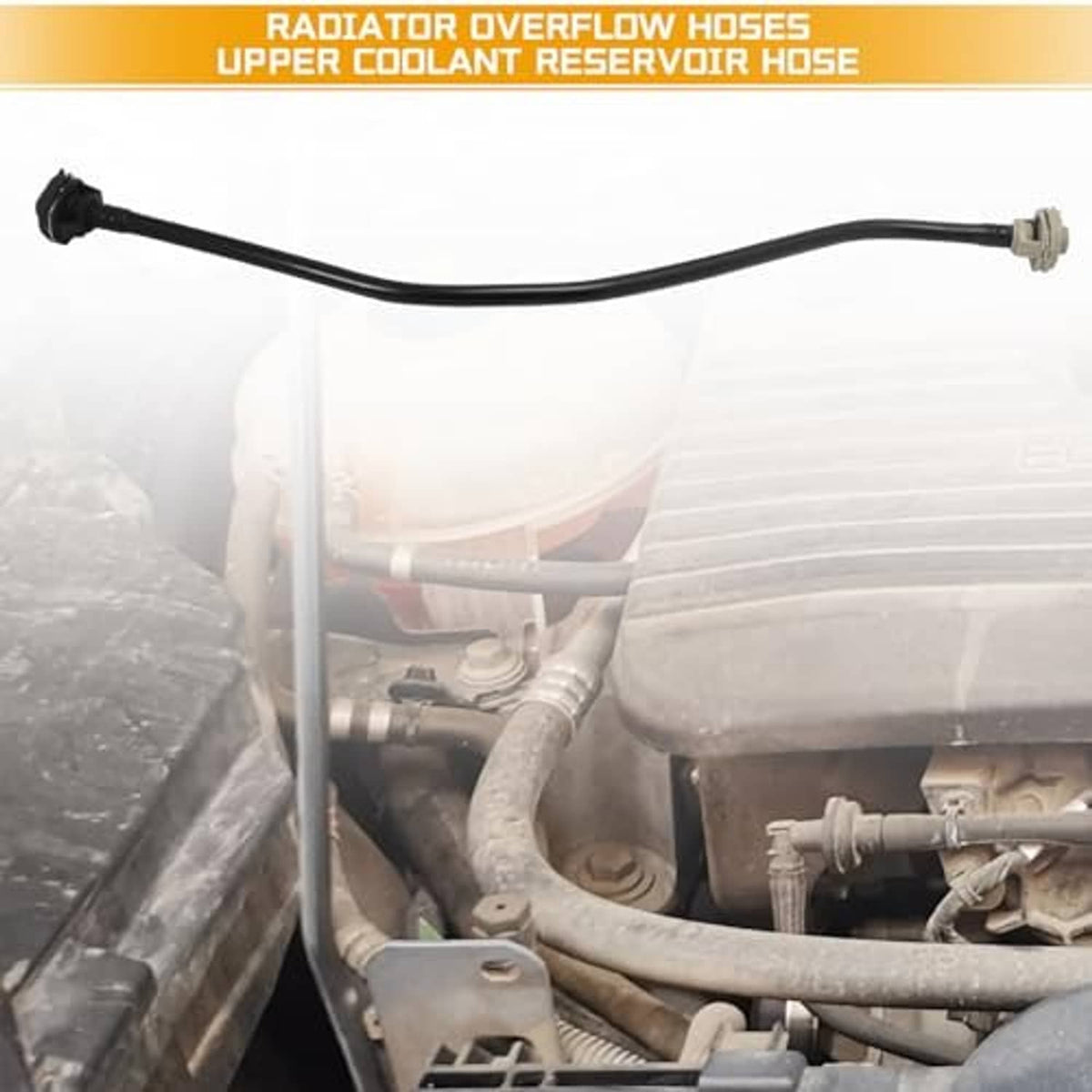 Black radiator overflow hose with connector fittings in engine compartment