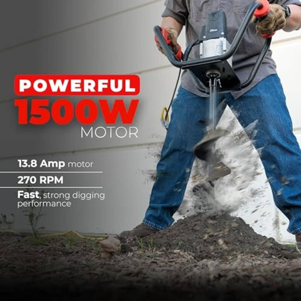 Electric earth auger with long spiral bit digging into soil near a house