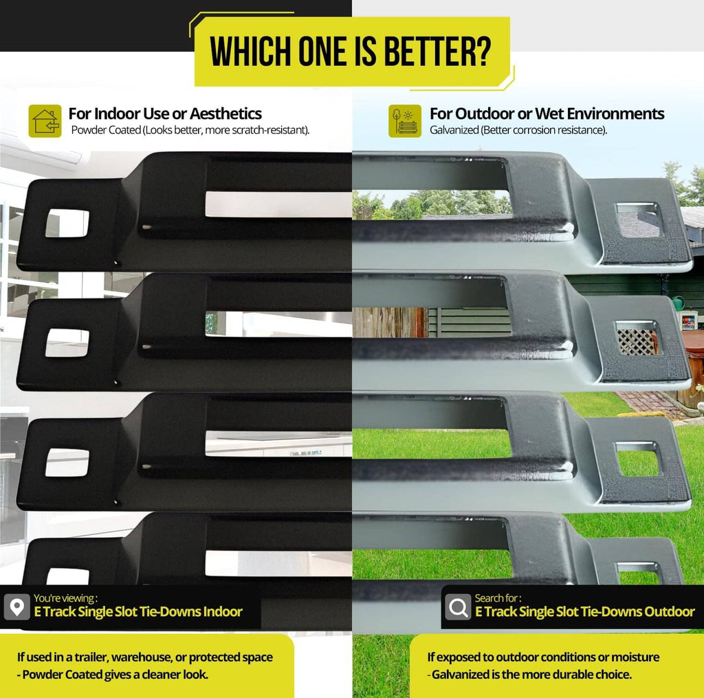 E-track single-slot tie-downs with black powder-coated bases and mounting holes