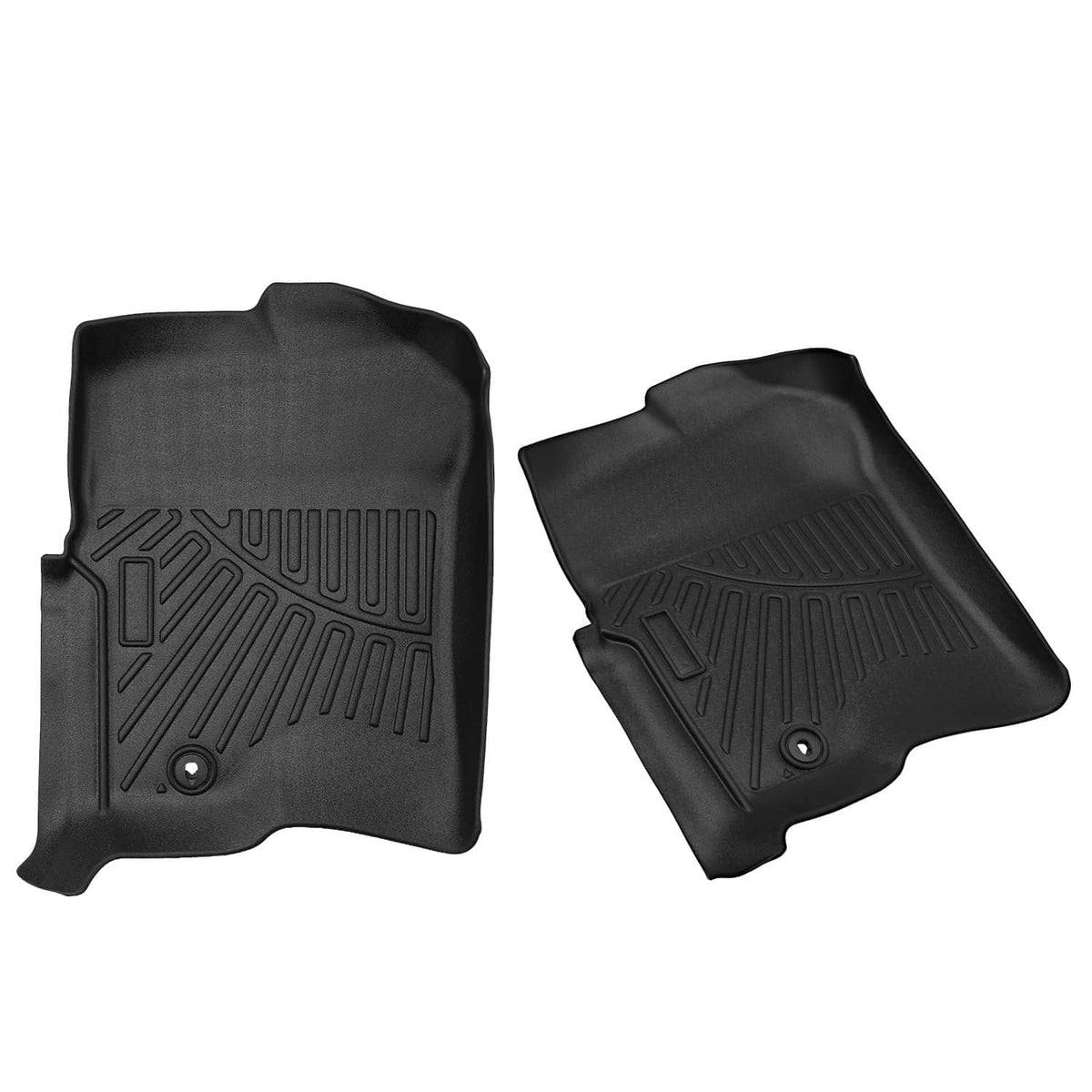 Black TPE front floor mats set with raised channels and small grommet detail