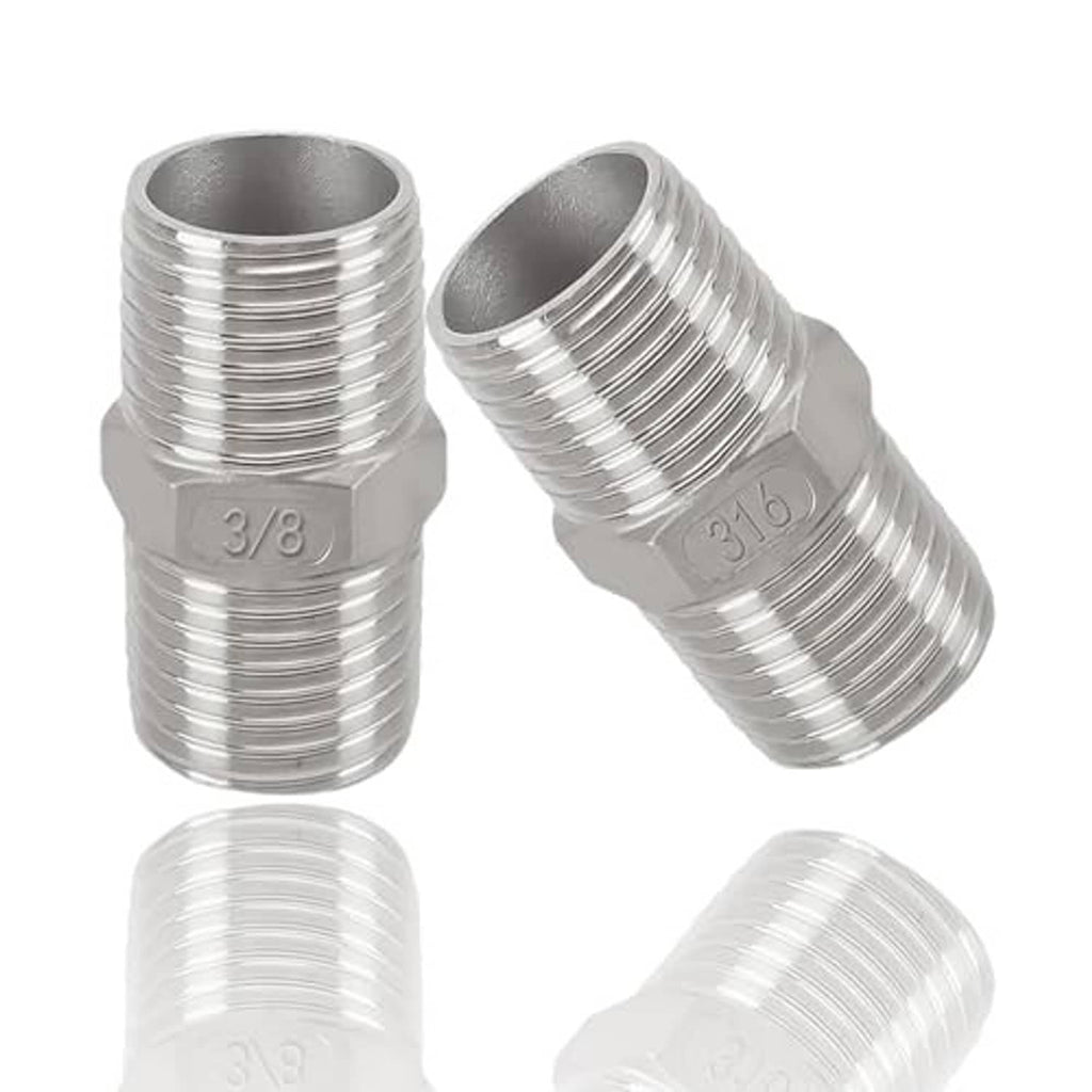 316 stainless steel 3/8 in NPT male-to-male hex nipple adapter, angled view