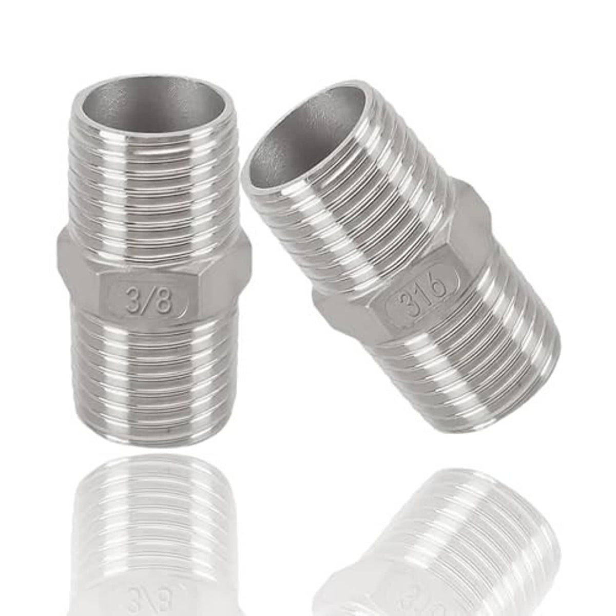 316 stainless steel 3/8 in NPT male-to-male hex nipple adapter, angled view