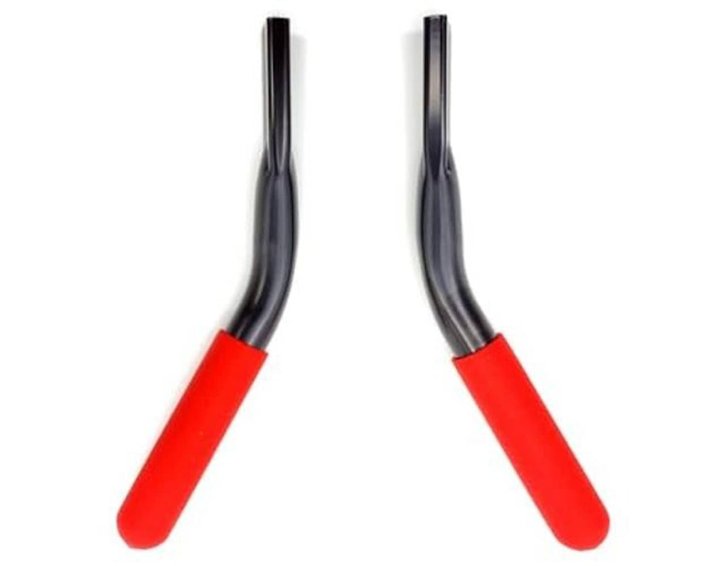 Wheelchair brake handle extensions with red grips on curved black handle arms