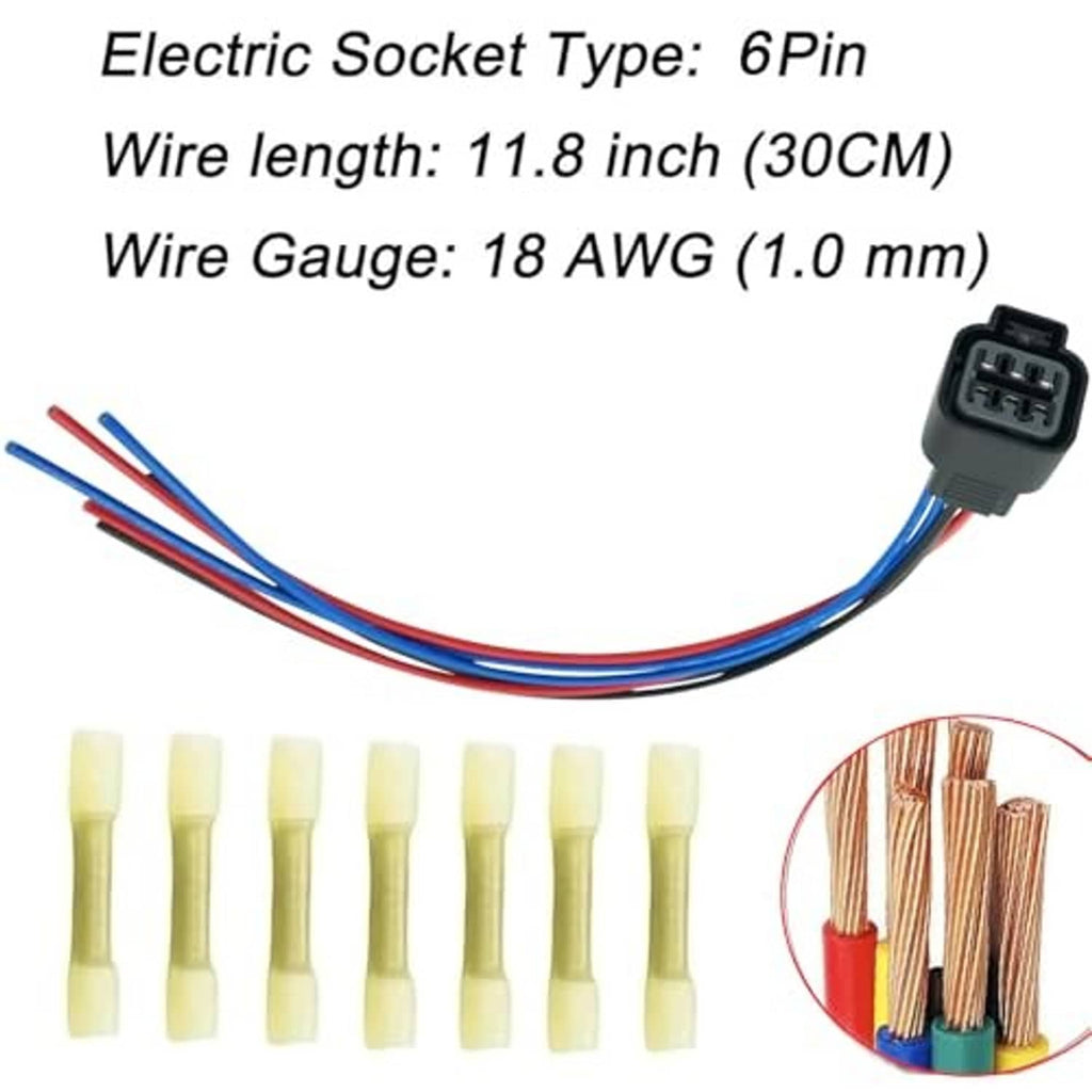 6-pin headlight connector wiring harness with blue/red leads and wire insulation caps