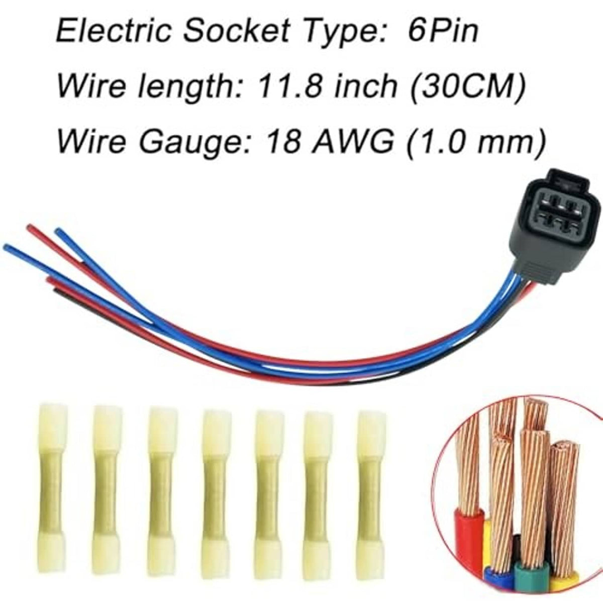 6-pin headlight connector wiring harness with blue/red leads and wire insulation caps