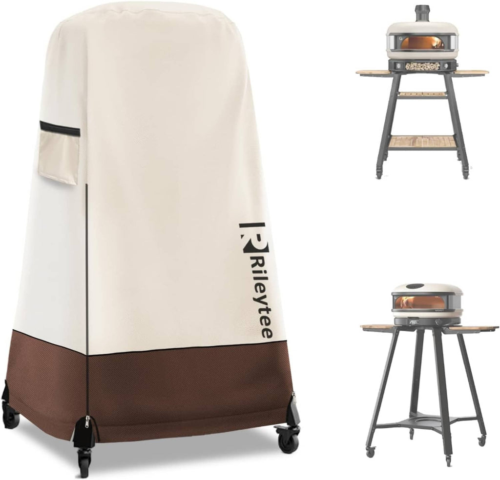 Cream and brown pizza oven cover with black trim, designed to fit a pizza oven.