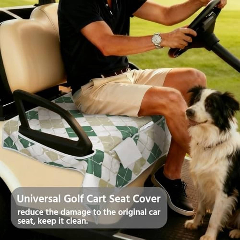 Universal golf cart seat cover with green-and-cream argyle pattern on beige seat
