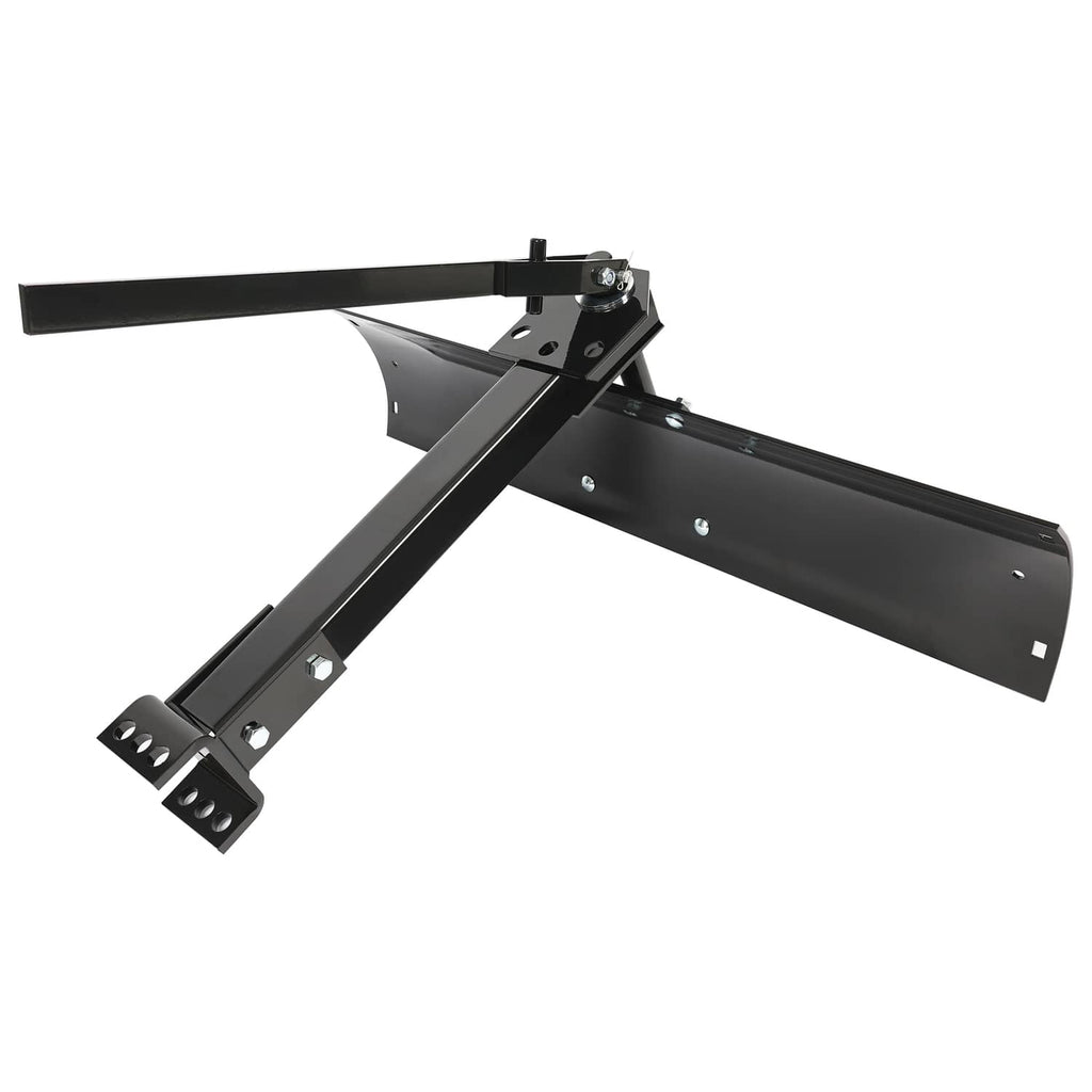 Black tow-behind scrape blade with extended support arms and hitch bracket