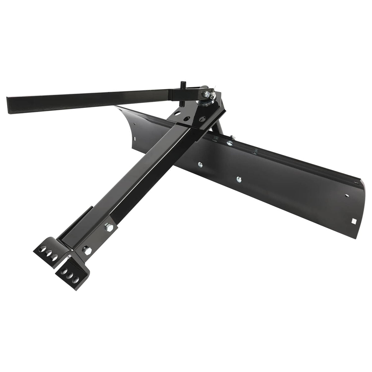 Black tow-behind scrape blade with extended support arms and hitch bracket