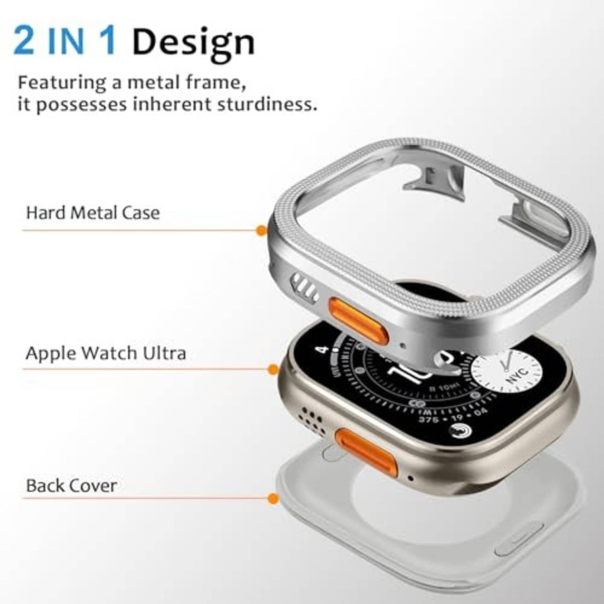 2-in-1 metal cover with hard case and back cover pieces, silver finish