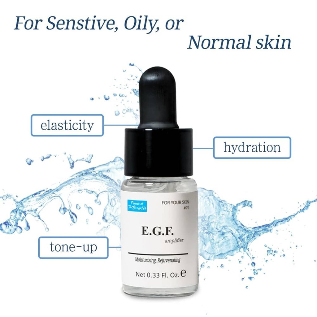 EGF serum bottle with black cap, clear liquid, shown with water droplet effect