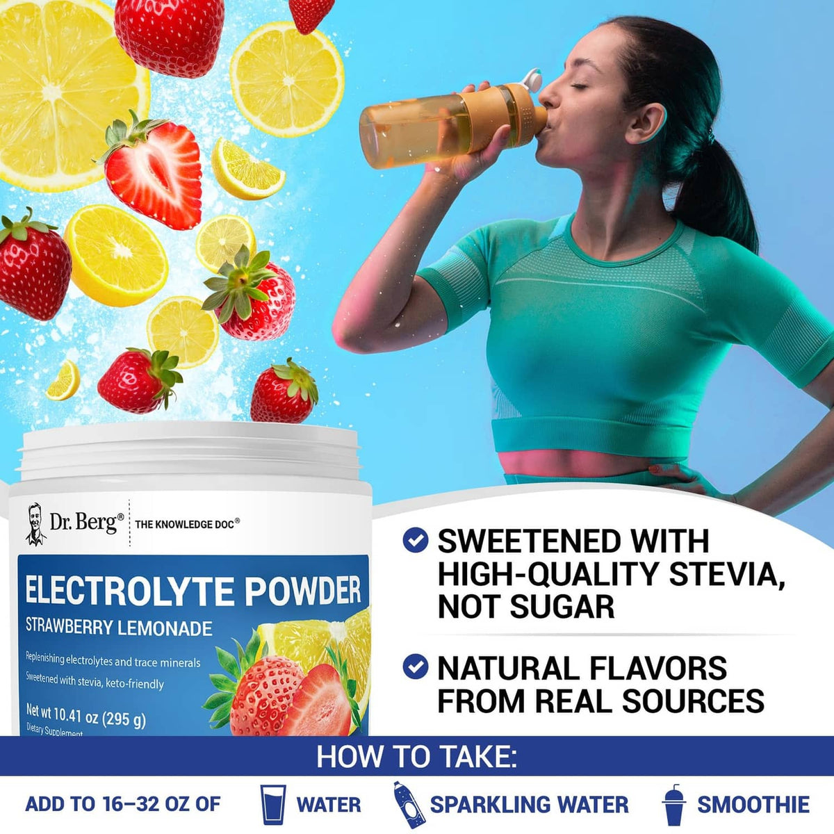 Electrolyte powder jar with Strawberry Lemonade label, serving directions callout.