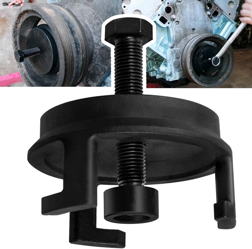 Harmonic balancer puller crank pulley tool with black U-brace and threaded screw