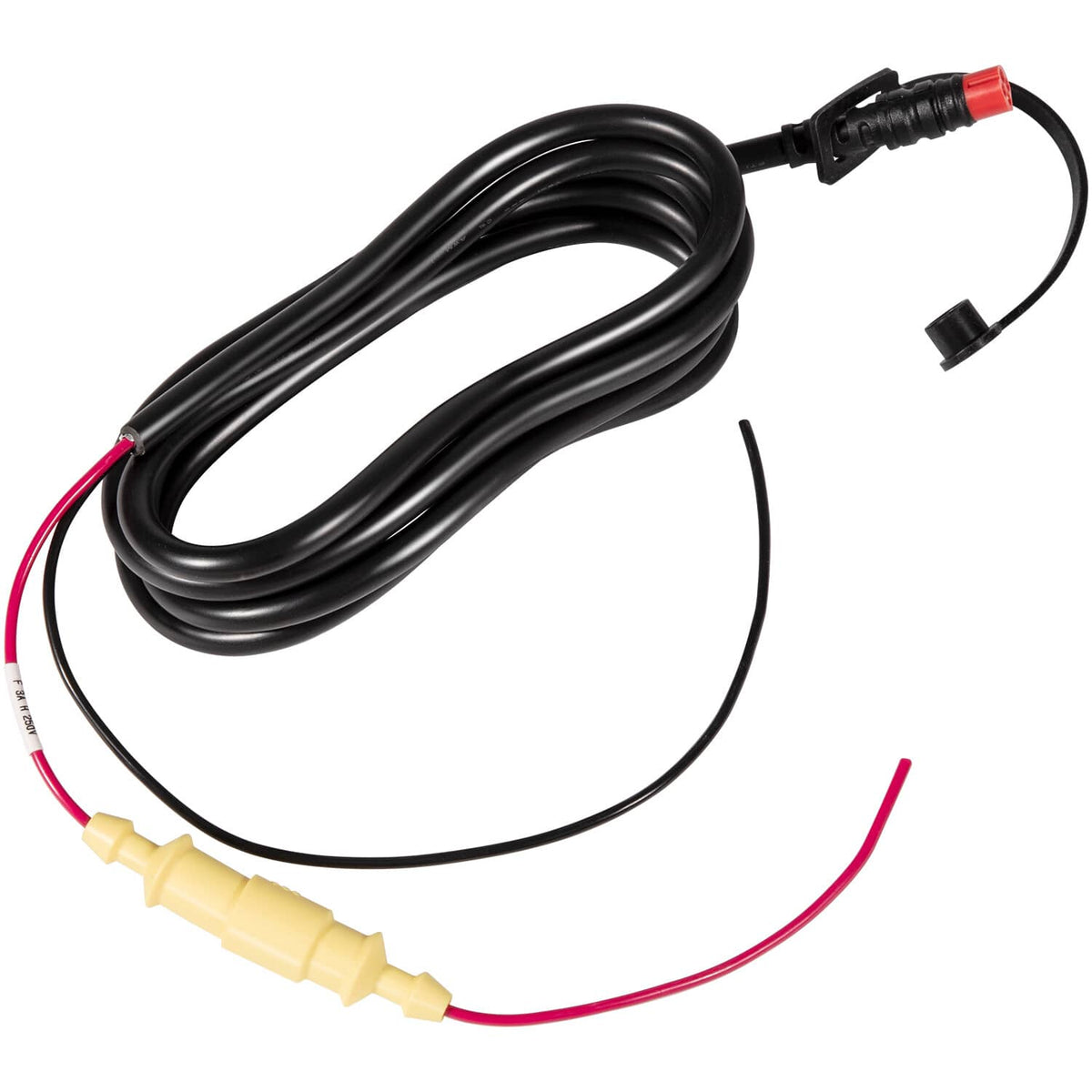 Black coiled power cable with 4-pin connector, yellow inline segment, and red wire leads.